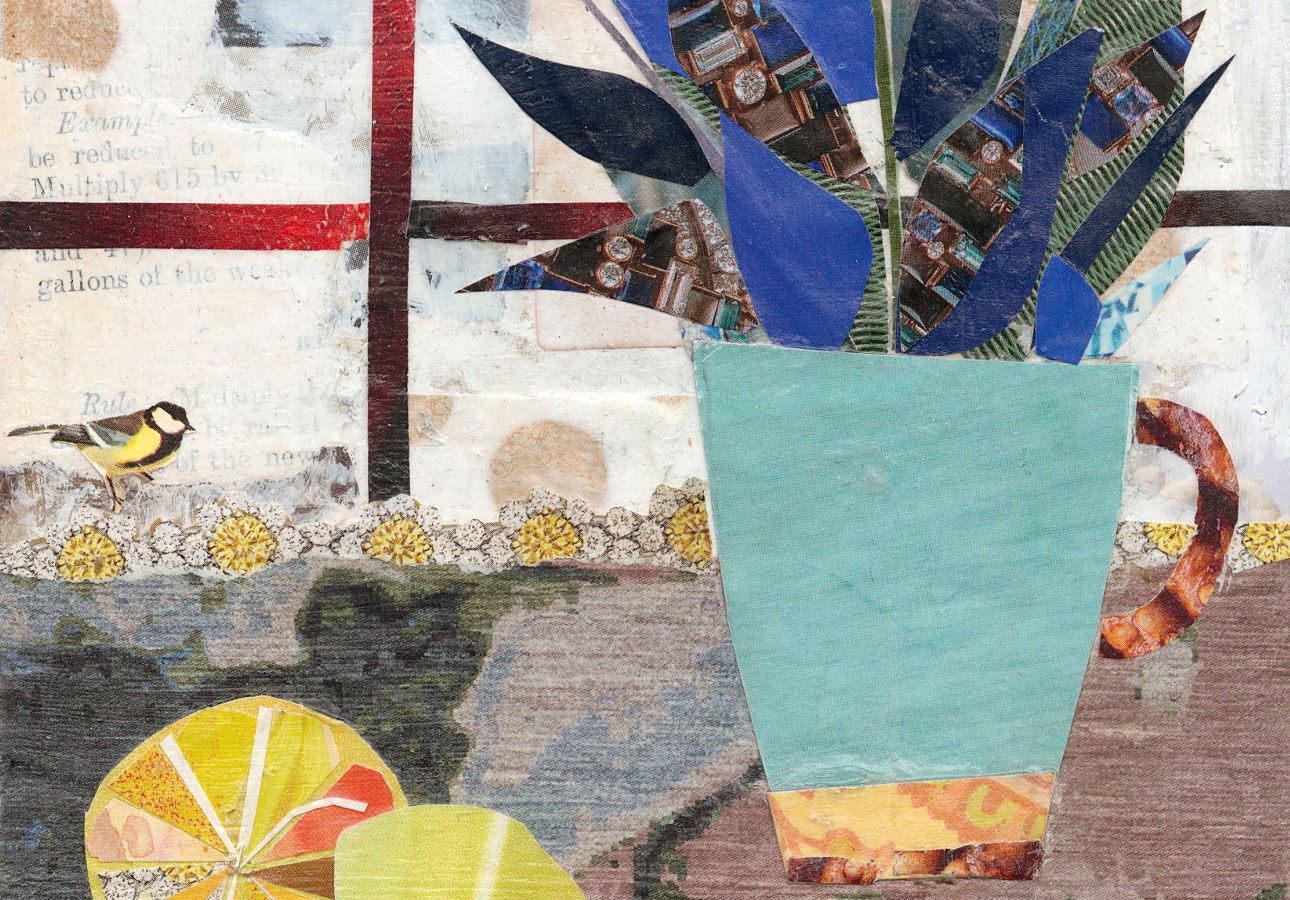A collage combining tangy lemons, a vase of flowers and a blue tit bird